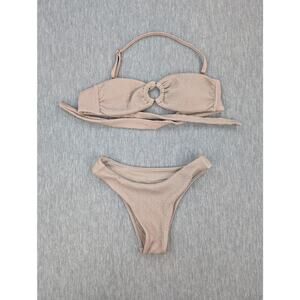 Monday Swimwear Bikini Set Womens P Petite Beige Textured Bandeau Ring Minimal